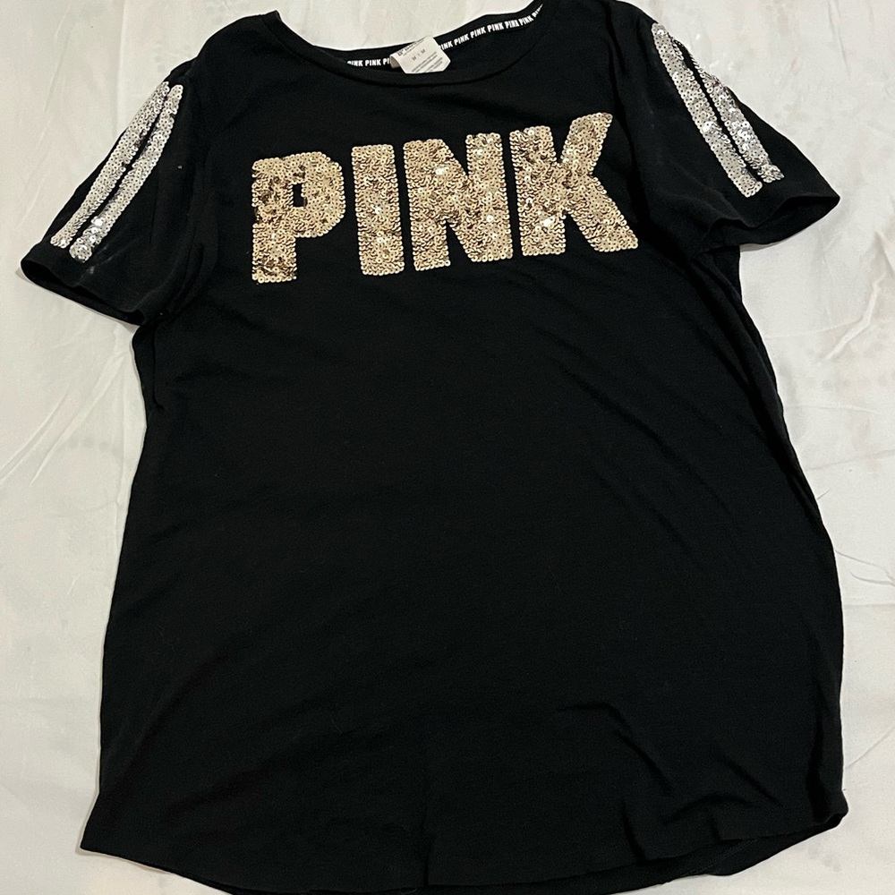 PINK Victoria's Secret Black Tee with Glitter Bling Logo Women’s Size Medium